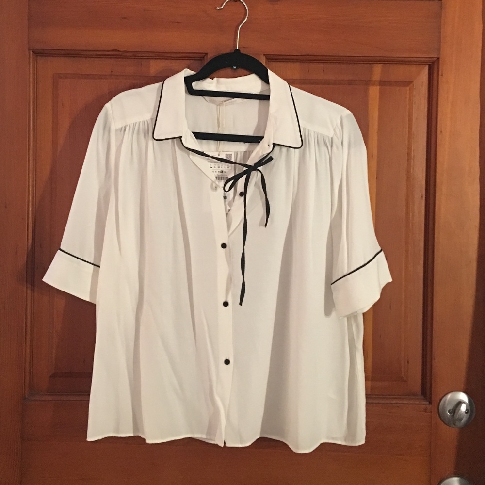 NWT Zara white short sleeve blouse w/ tie L